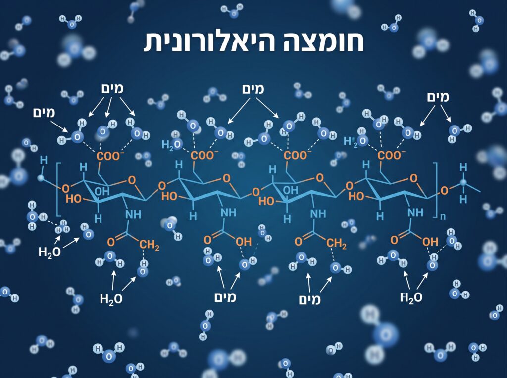 איור מדעי של מולקולת חומצה היאלורונית סופחת מים, הממחיש את תפקידה בלחות העור.