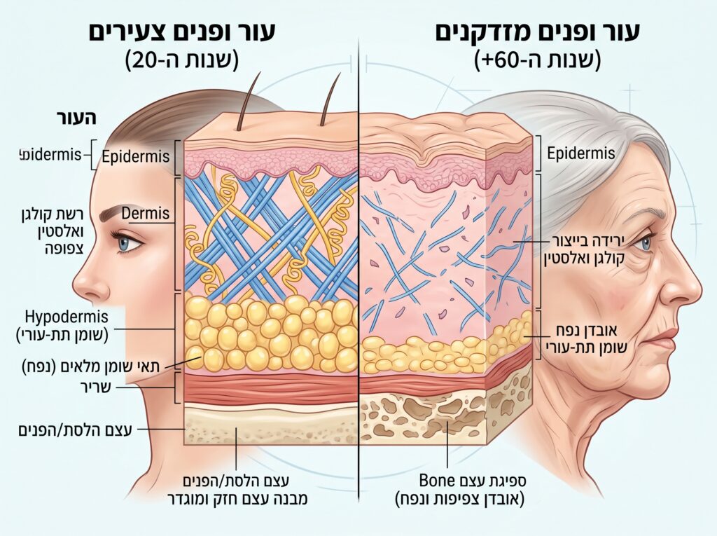 איור תהליכי הזדקנות העור והפנים: אובדן נפח, ספיגת עצם וירידה בקולגן